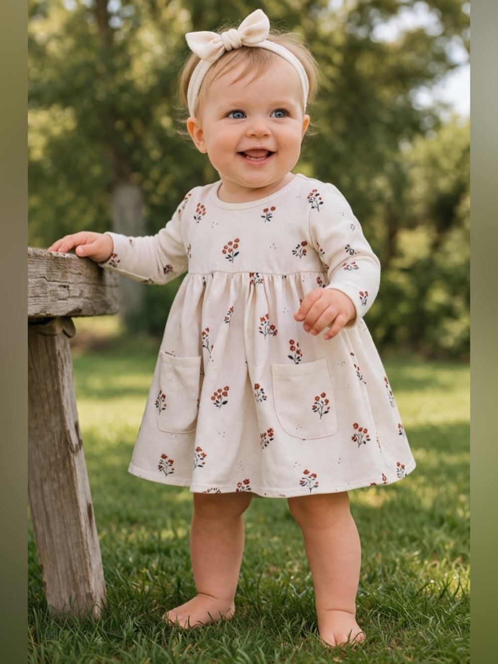 Firsts Baby Girl Floral Dress Cream Long Sleeve Pocket Outfit Toddler | Size 24M